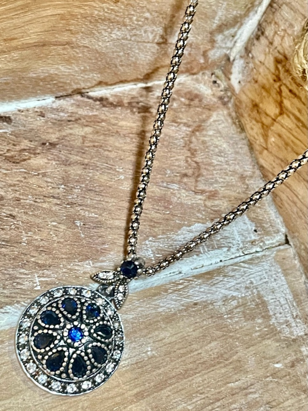 Silver-Tone Blue Gem Filigree Pendant Necklace - Women Jewelry